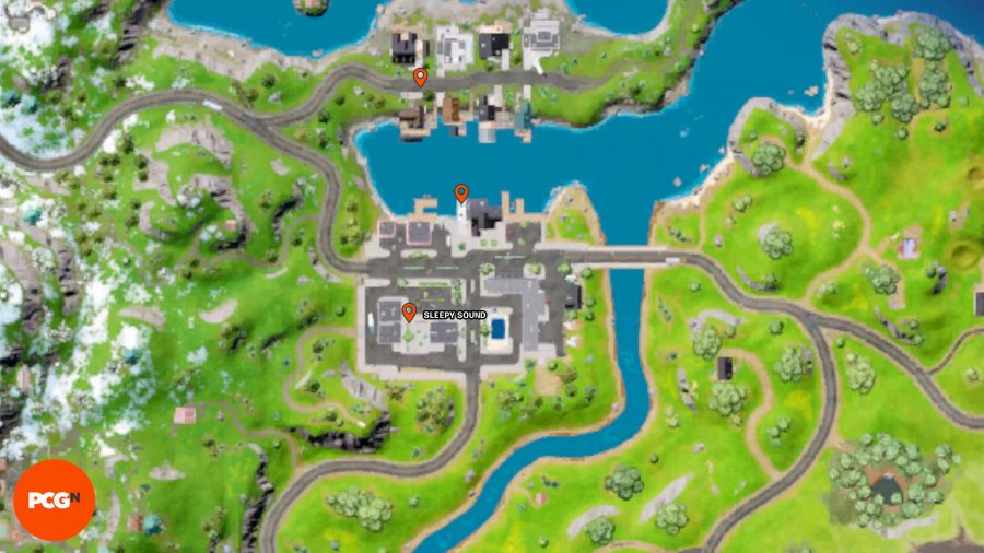 Fortnite Tover Token Locations – Three orange pins showing Tover Token locations in Sleepy Sound.