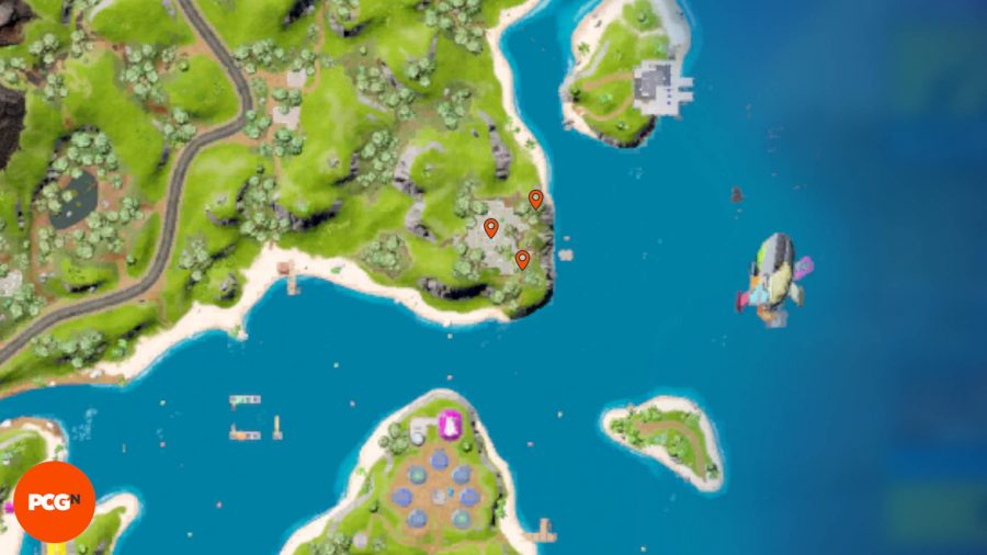 Fortnite Tover Token Locations – Three orange pins showing Tover Token locations in the ruins east of The Daily Bugle.