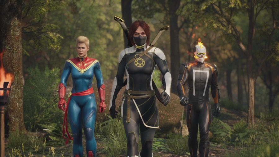 The Hunter, Captain Marvel, and Ghost Rider march with purpose in Marvel's Midnight Suns