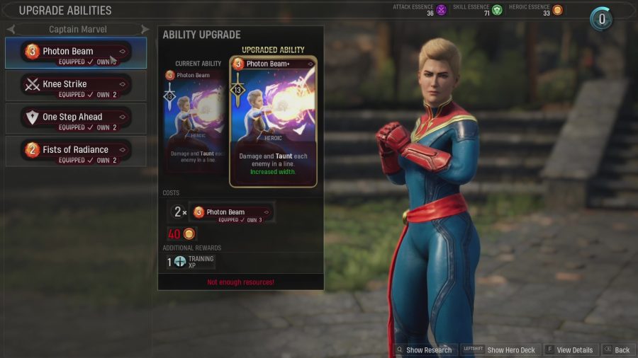 A shot of the card upgrade menu in Marvel's Midnight Suns
