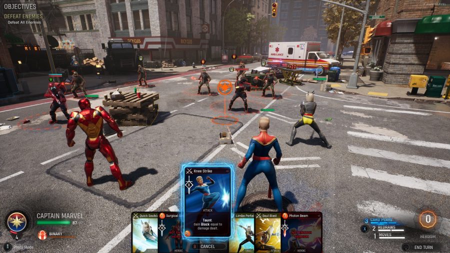 Captain Marvel, Iron Man, and Magik fight Hydra in the streets if New York in Marvel's Midnight Suns