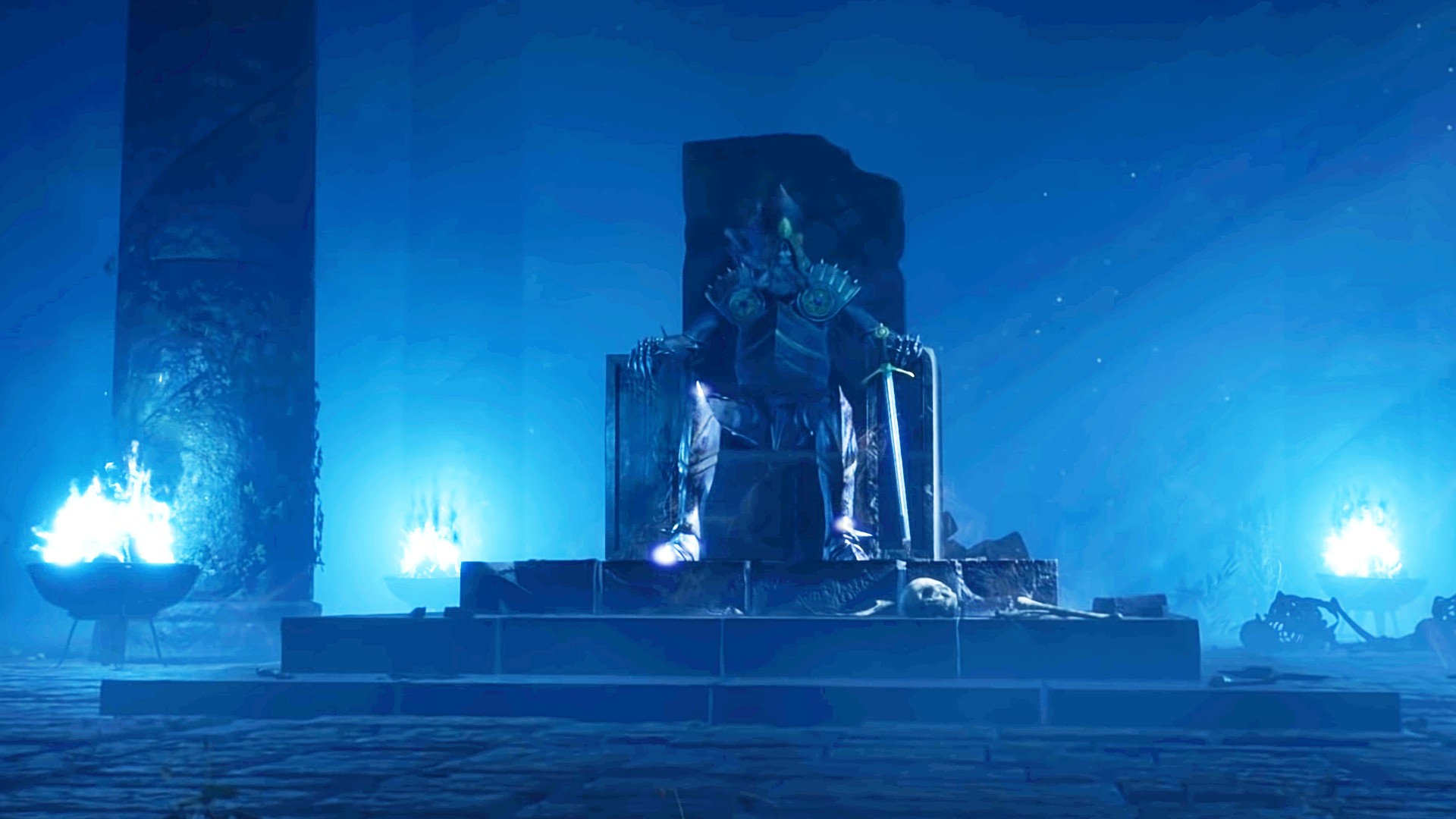 A dead man sits on a throne surrounded by blue flames in RPG The Wayward Realms