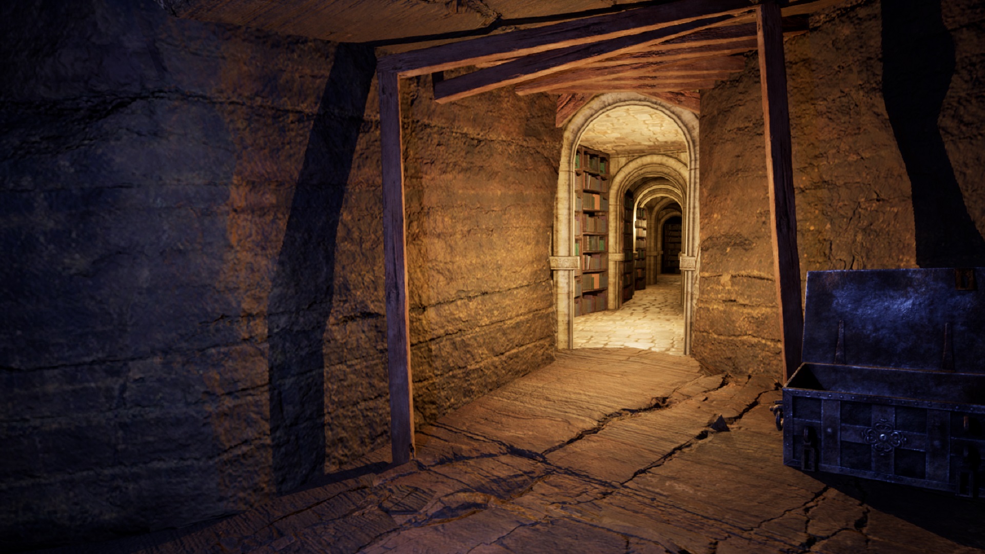A lit doorway in an underground tunnel in RPG The Wayward Realms