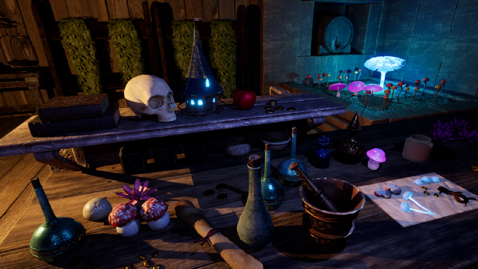 Magic items such as a skull and potions on a table in the RPG The Wayward Realms