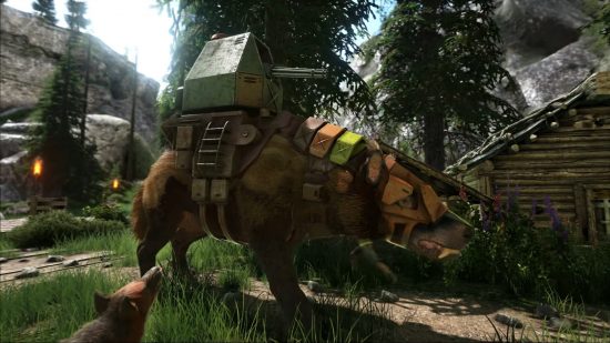 Ark Andrewsarchus with a turret on the back in a grassy environment