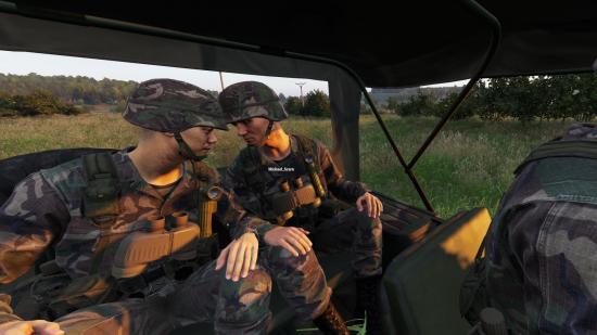 Two soldiers sit in the back of a Jeep in Arma Reforger.