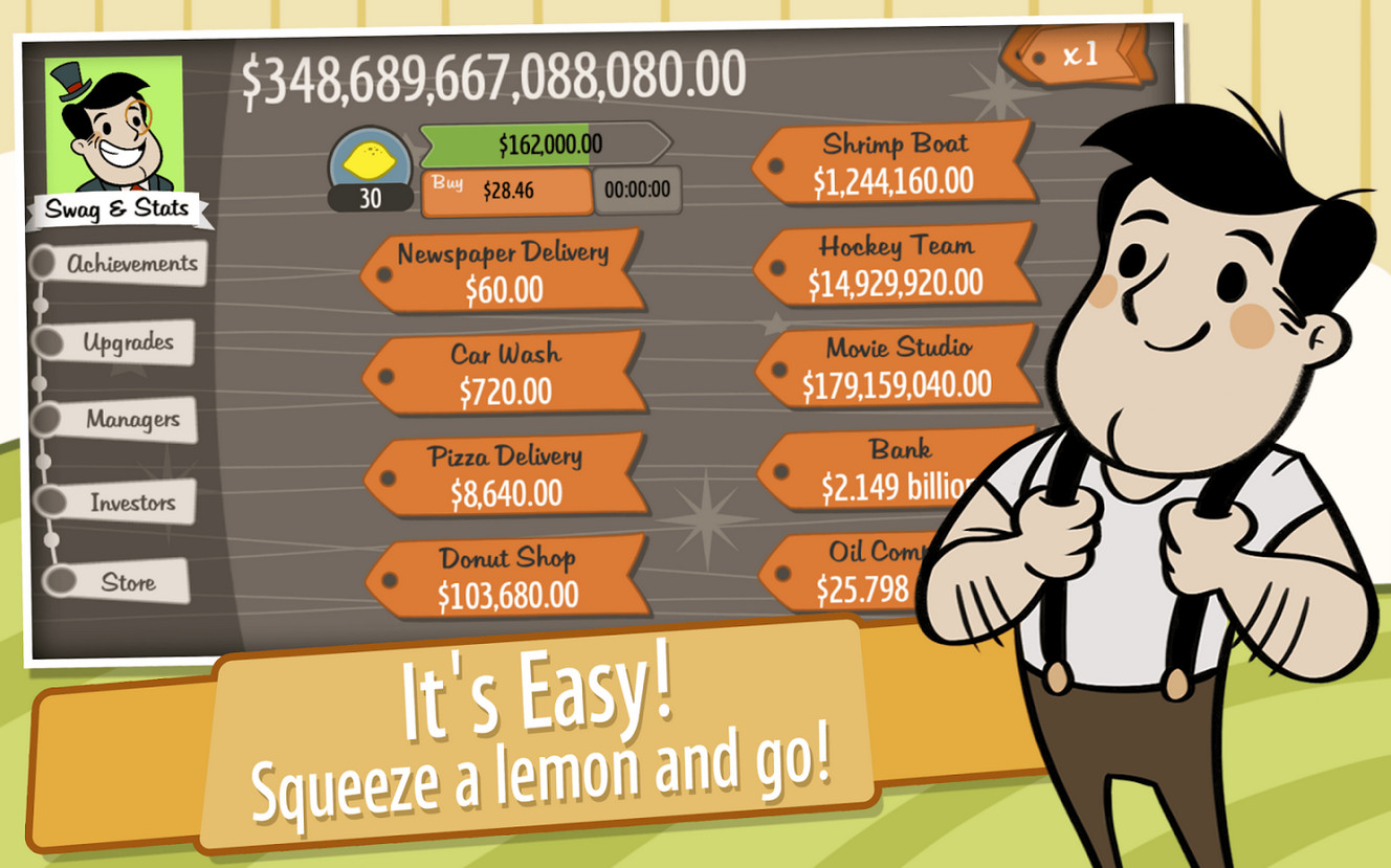 Best clicker games: Adventure Capitalist. Image shows a businessman looking place as he stands beside his performance numbers.