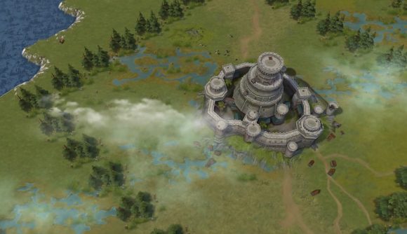Best fantasy games: Game of Thrones: Winter is Coming. Image shows a majestic castle in a field surrounded by trees and near a river.