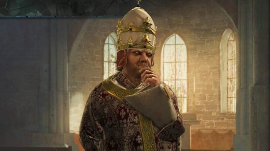 Crusader Kings 3 holy wars: A crafty looking figure wearing a papal mitre