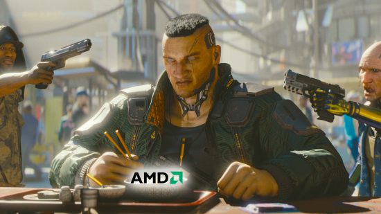 Cyberpunk 2077 held at gunpoint while eating ramen, with glowing AMD logo in bowl