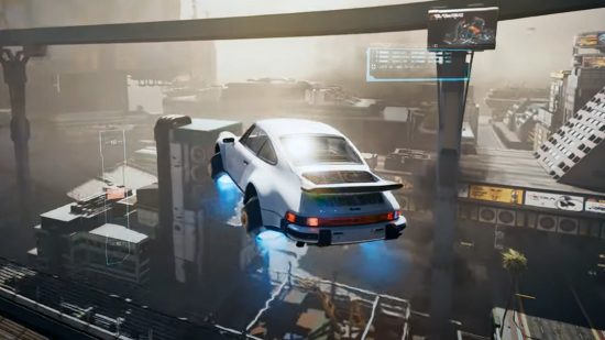 Yes, it's a flying car in this Cyberpunk 2077 mod. Roads? Where we're going, we don't need... roads