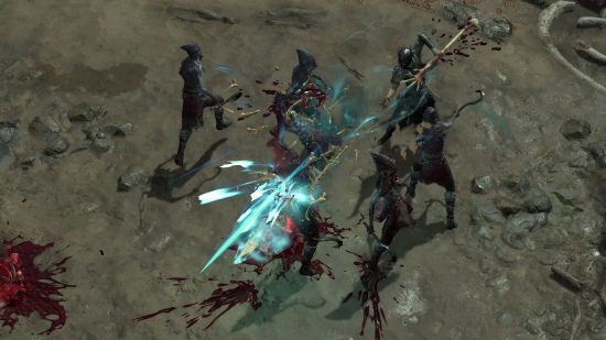 Diablo 4 Necromancer Class: Diablo 4's Necromancer stands on a rocky shore, using their Bone Spear ability on a group of skeletons and shattering their bones.