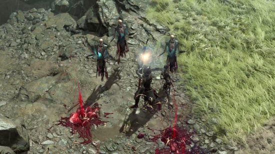 Diablo 4 Necromancer Class: The Diablo 4 Necromancer stands in the middle of a battlefield littered with corpses, summoning three skeletal Shadow Mages.