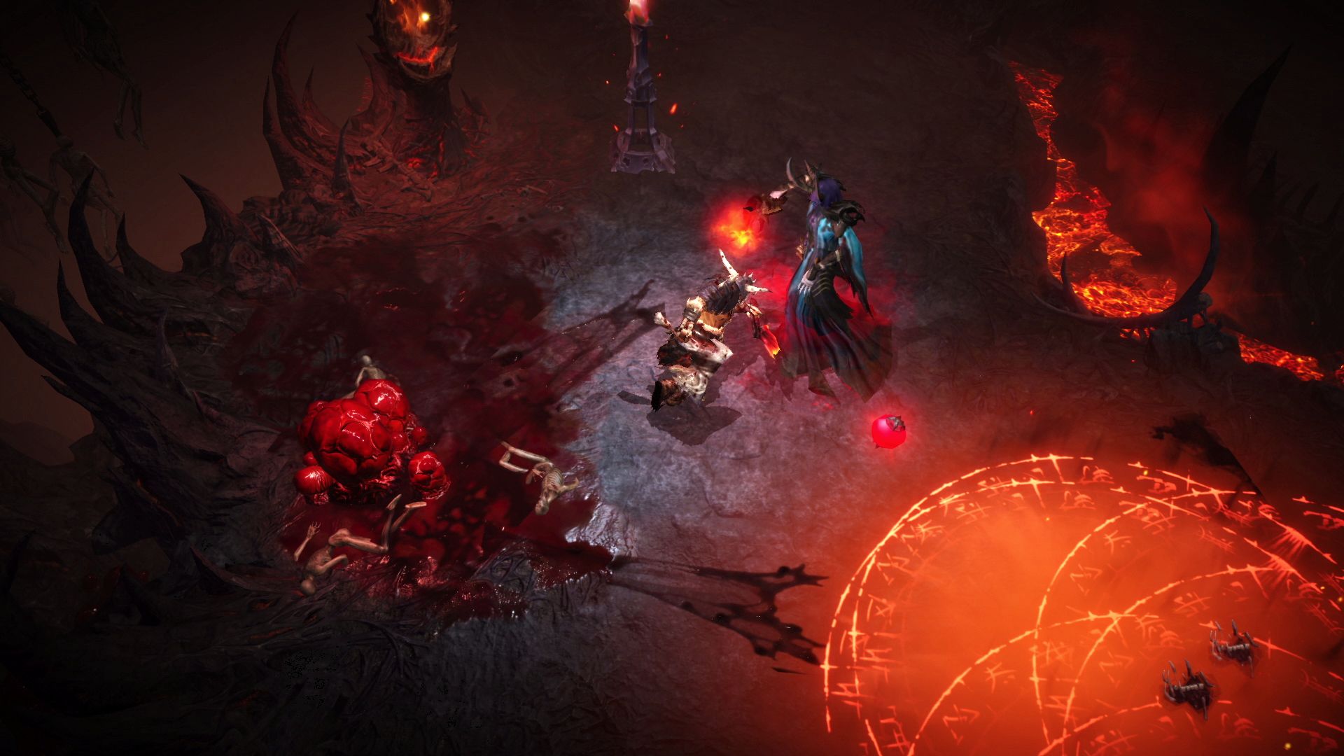 Diablo Immortal Leveling: A barbarian wielding two axes faces off against a Helliquary spellcaster boss on a platform above a river of lava.