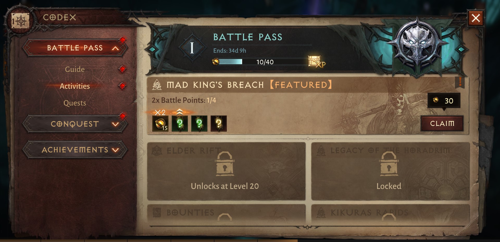 The Codex page in Diablo Immortal showing a new reward to claim