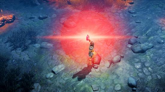 Diablo Immortal leveling guide: A female barbarian raises a red soul stone in Diablo Immortal, which emits a powerful red aura.
