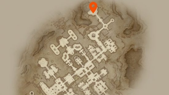 Diablo Immortal Hydra and Golem Location：砂岩のゴーレムをマークするオレンジ色のピンを備えたZoltun Kulleの図書館の地図