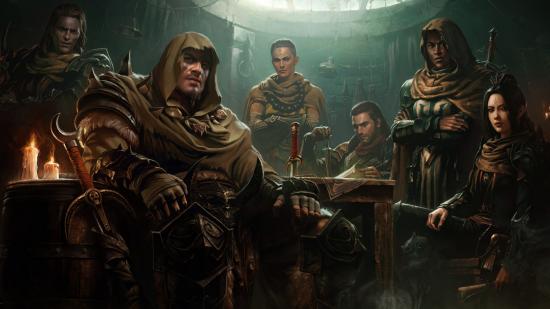 Diablo Immortal server list: The Shadow Faction sits around a dimly-lit table.