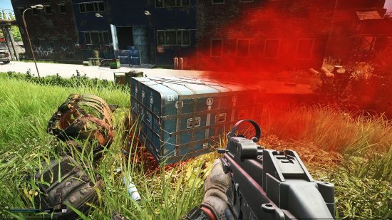 Escape from Tarkov airdrop event: An airdrop crate emits red signal smoke in Escape from Tarkov.