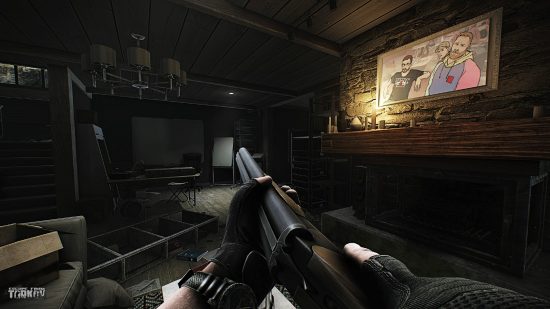 Escape from Tarkov wipe: A player hefts a double-barreled shotgun in the main room of a cabin, where a cartoonish portrait hangs over the stone fireplace.