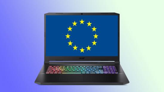 Acer Nitro 5 gaming laptop with EU flag on screen