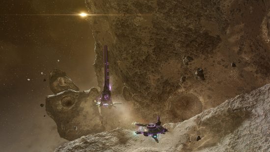 Eve Online graphics update: Space stations orbit between two huge asteroids in Eve Online