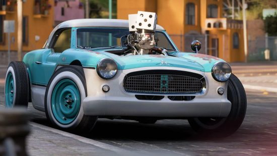 Forza Horizon 5 update: A vintage baby-blue and white car with a super-charged engine that has dice covering its air intakes.