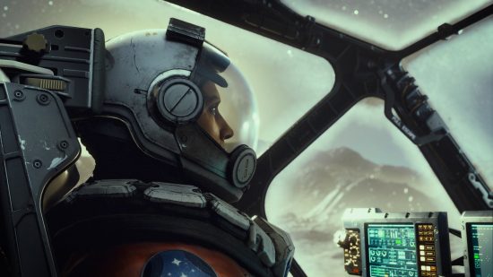 How long is Starfield: Spacefarer pilot sat in the cockpit of a spaceship, with some mountains in the background through the window.