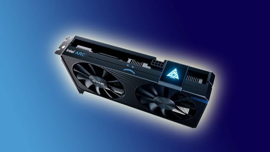 Intel Arc A380 graphics card with sad face on edge on blue backdrop