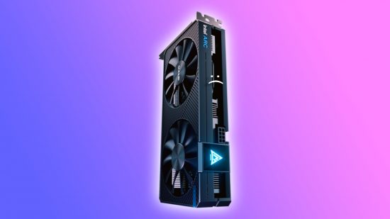 Intel Arc A380 GPU with sad text face on blue and pink backdrop