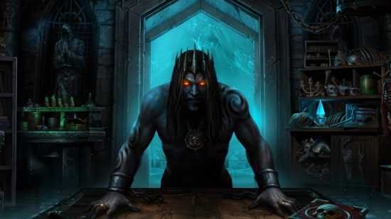 Iratus: Lord of the Dead is next week's free game on Epic: A necromancer king with glowing red eyes glowers over a table in a vault lit by arcane blue light