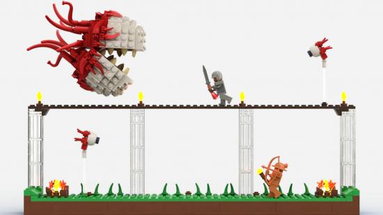 Lego Terraria build: two lego figures fight the Eye of Cthulhu