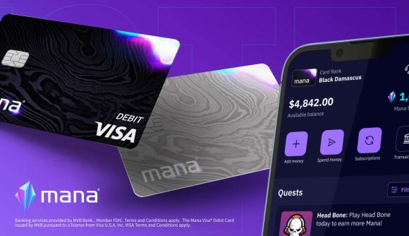 A close up of the Mana app and debit cards