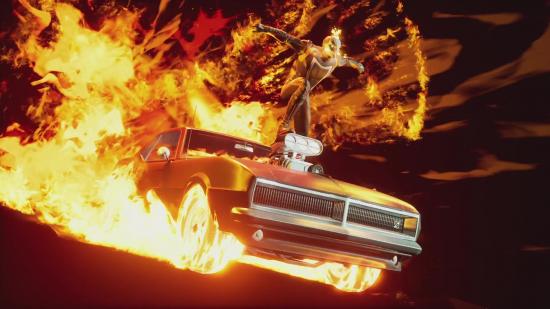 Ghost Rider stands atop his car surrounded by fire as he pulls off a special move in Marvel's Midnight Suns