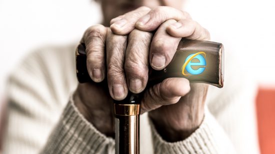 Picture of old man holding walking stick with Internet Explorer logo on handle
