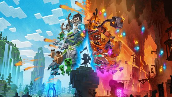Minecraft Legends release date: the main promo art for Minecraft Legends showing off allies and enemies