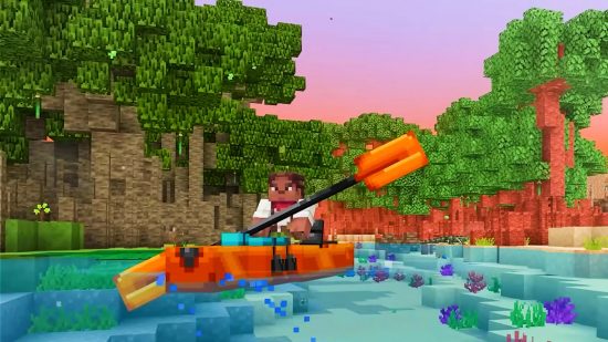 Minecraft manrove restoration project: A Minecraft character paddles an orange kayak down a river lined with lush mangrove trees