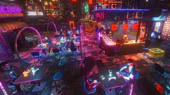 Nivalis - a neon-lit cyberpunk city bar with voxel art