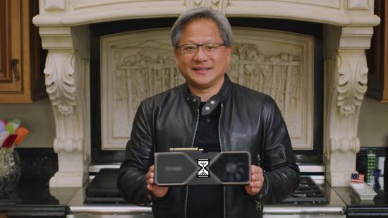 RTX 4000 delay: Nvidia CEO Jensen Huang holding blurred GPU