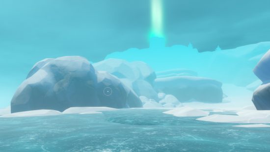 Raft Temperance walkthrough: Temperance from afar, with green beam penetrating the clouds
