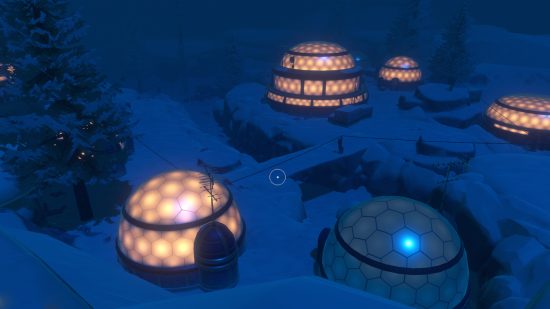 Raft Temperance Walkthrough: een verhoogd uitzicht op de verlichte igloo's voor de puzzel