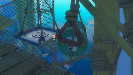 Tutorial de la utopía de la balsa: un barril anchado al lado de una plataforma con un aviso para usarlo