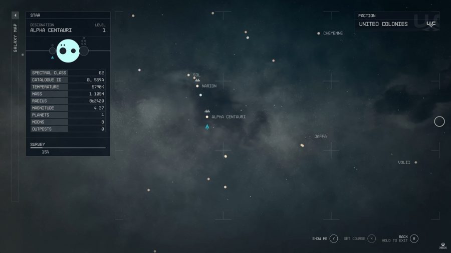 Une carte de la galaxie Starfield remplie de nombreuses planètes Starfield