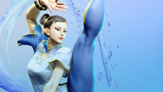 Chun Li looking into the distance as she raises her leg above her head in a fighting stance