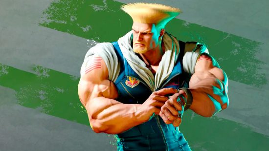 Guile looks into the distance as he presses buttons on his smart watch