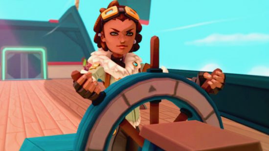 Temtem - a lady with goggles on her head steers a ship's wheel