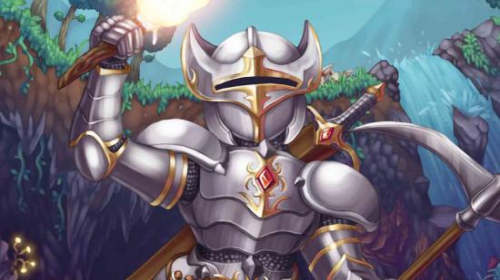 Terraria box art with knight holding torch
