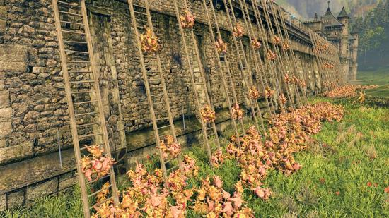 Total War: Warhammer 3 climbing nurglings mod: Nurglings scale ladders placed along a fortification wall in Total War: Warhammer 3.
