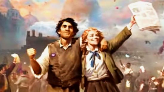 Victoria 3 Gameplay First Look: a man with his fist clenched in celebration and and a woman waving a newspaper, in the Victorian era