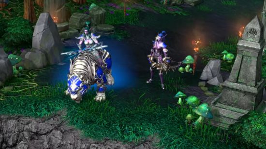 Warcraft 3: Reforged update: Two drow elves, one riding a white tiger, look out over some jungle ruins